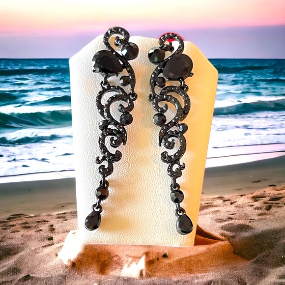 Black Earrings Long Crystal Rhinestone Earrings Dangle Drop Statement Jewelry - Picture 6 of 6